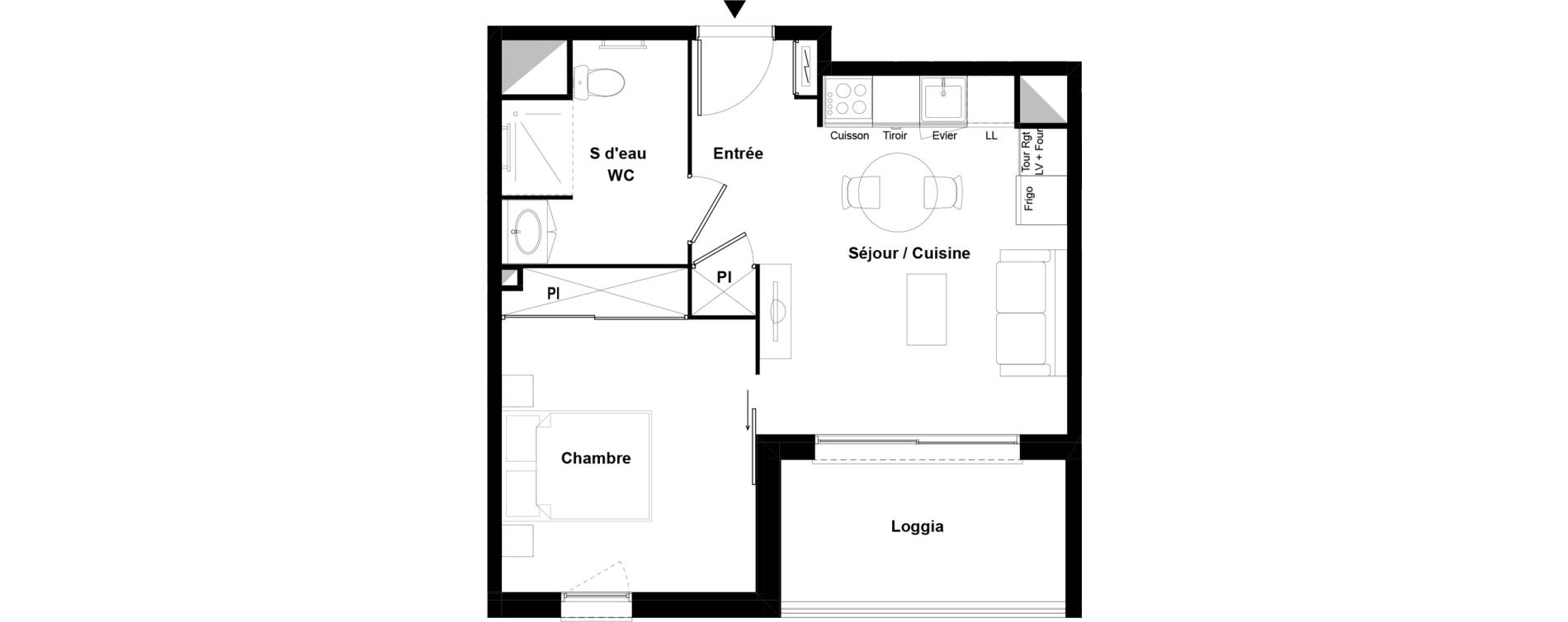 Appartement T2 meubl&eacute; de 38,85 m2 &agrave; Bazi&egrave;ge Centre