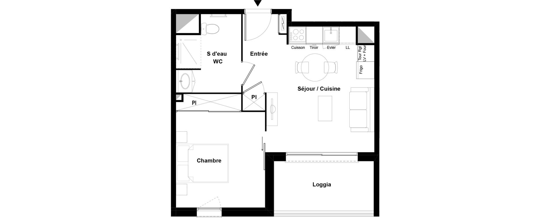 Appartement T2 meubl&eacute; de 38,85 m2 &agrave; Bazi&egrave;ge Centre
