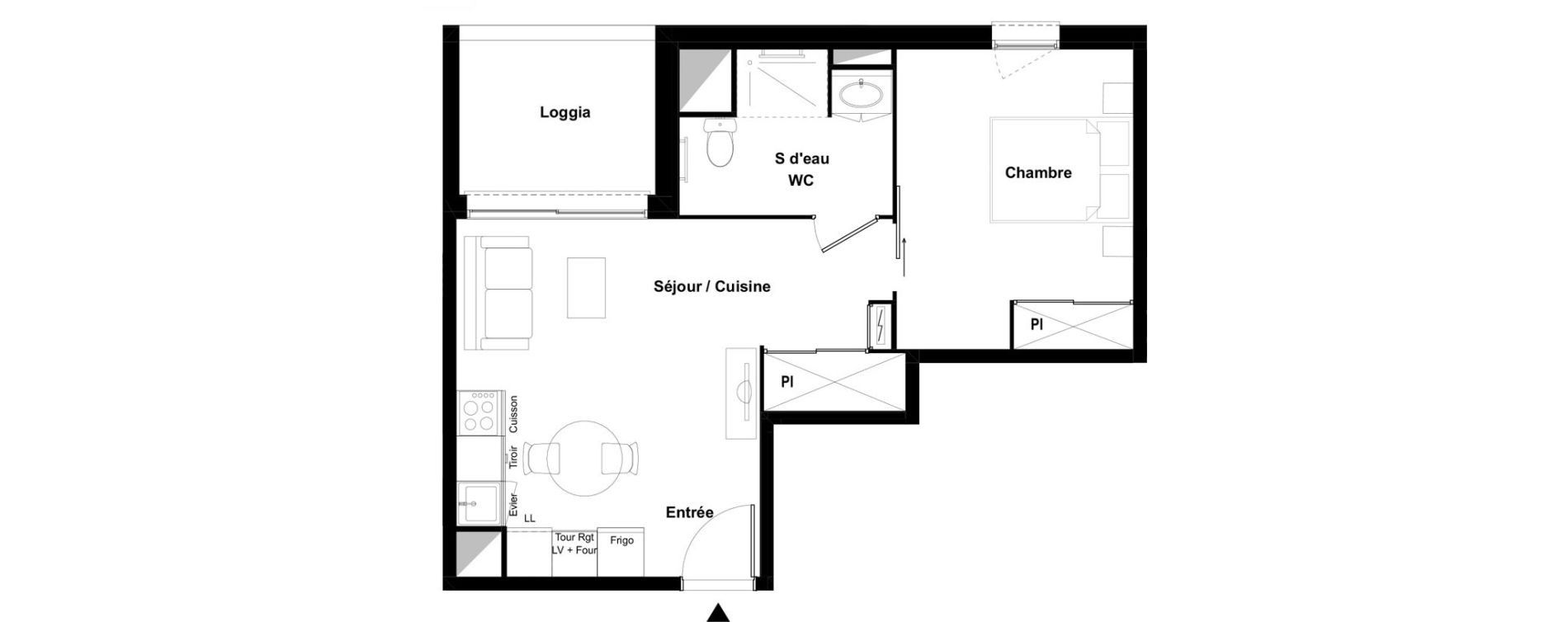 Appartement T2 meubl&eacute; de 40,79 m2 &agrave; Bazi&egrave;ge Centre