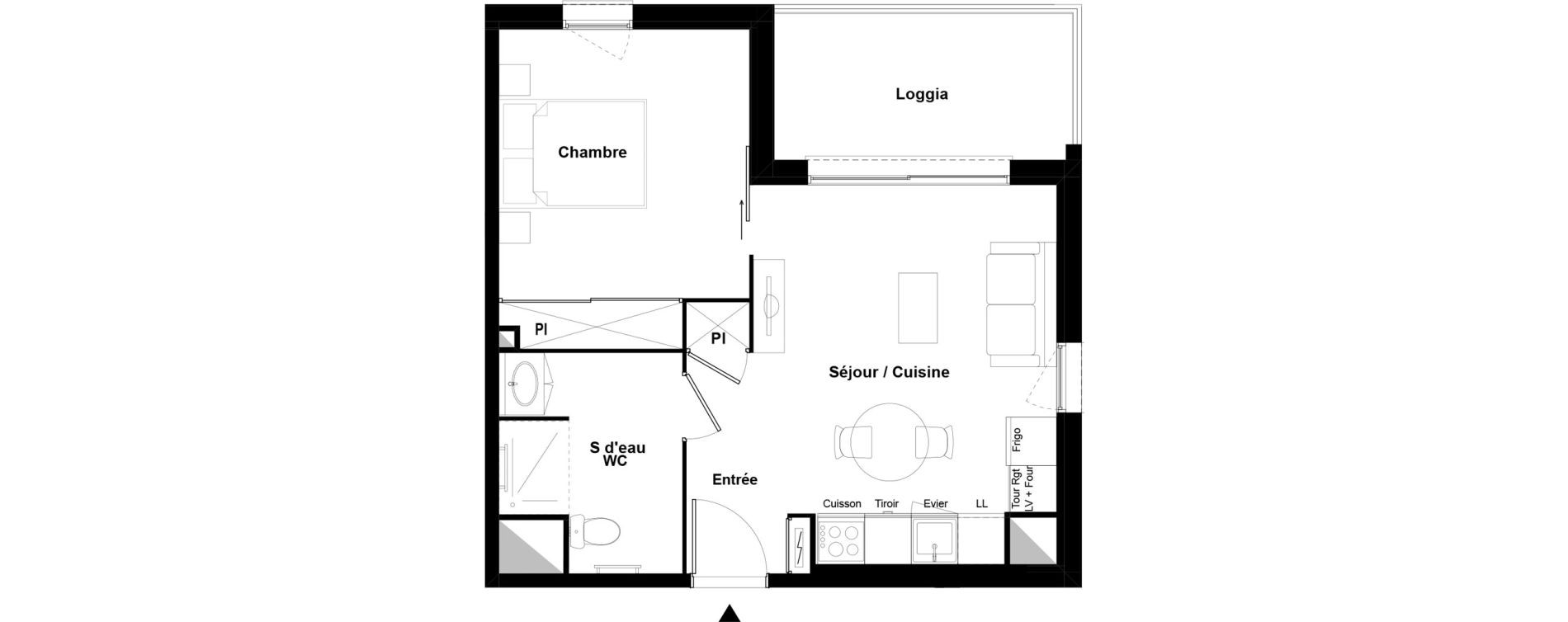 Appartement T2 meubl&eacute; de 39,89 m2 &agrave; Bazi&egrave;ge Centre