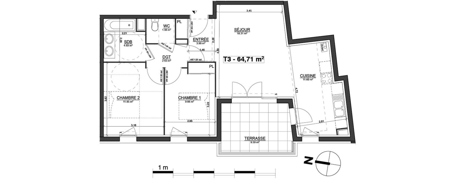 Appartement T3 de 64,71 m2 &agrave; Blagnac Centre