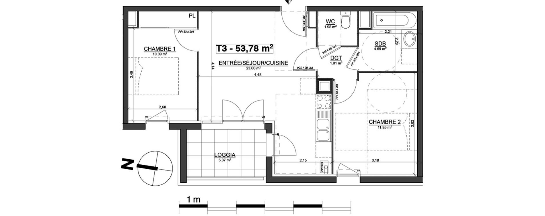 Appartement T3 de 53,78 m2 à Blagnac Centre