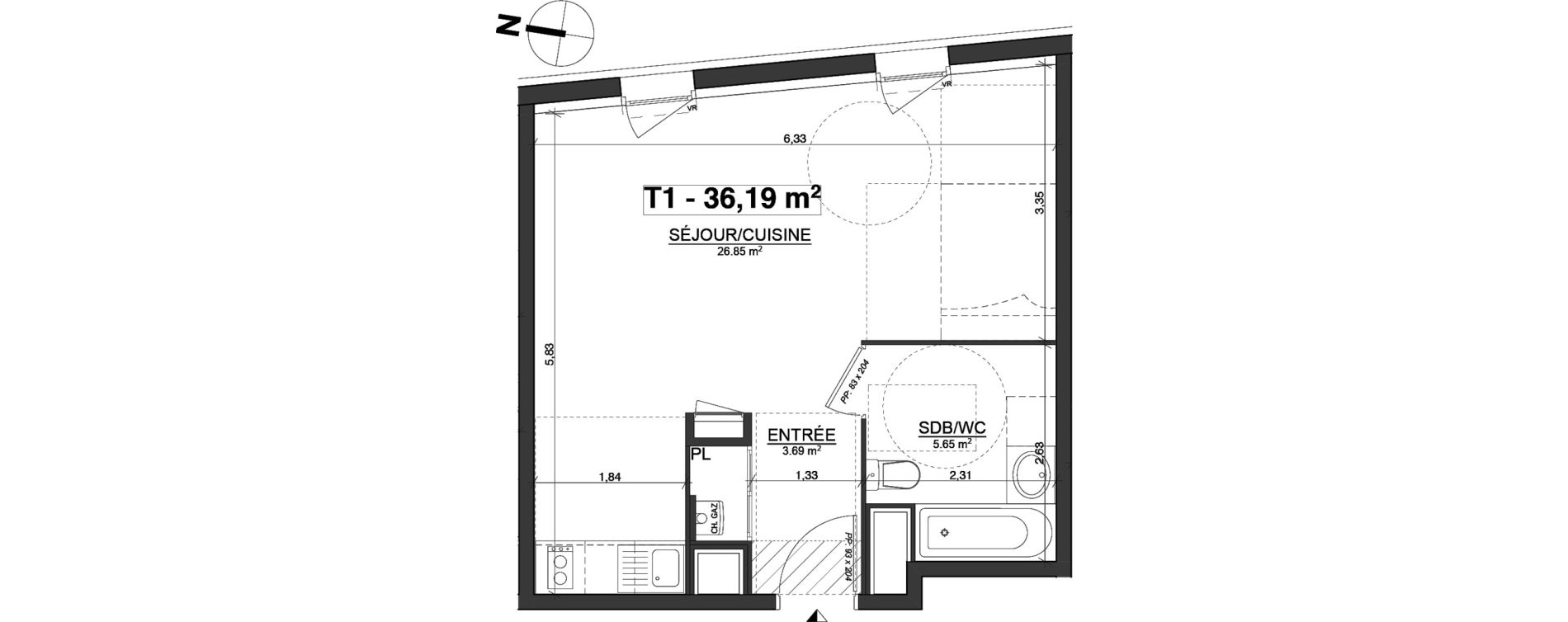 Appartement T1 de 36,19 m2 &agrave; Blagnac Centre