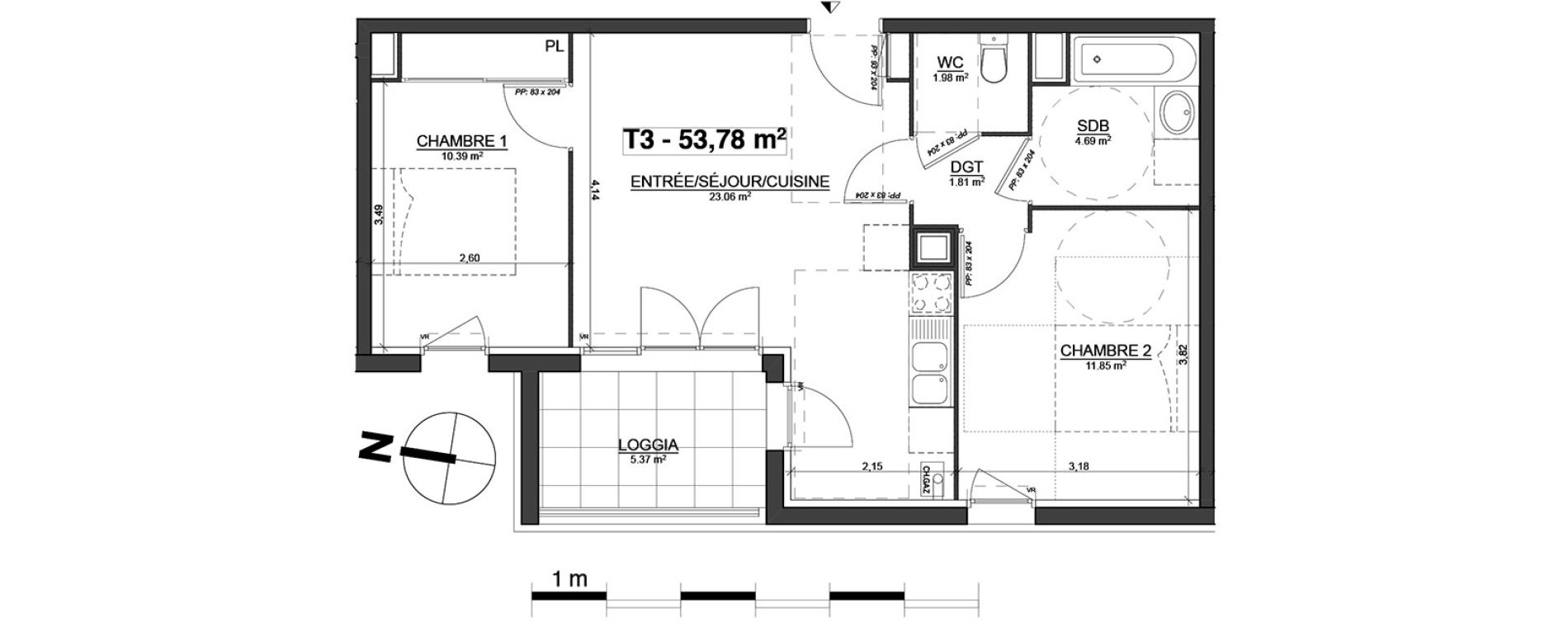 Appartement T3 de 53,78 m2 &agrave; Blagnac Centre