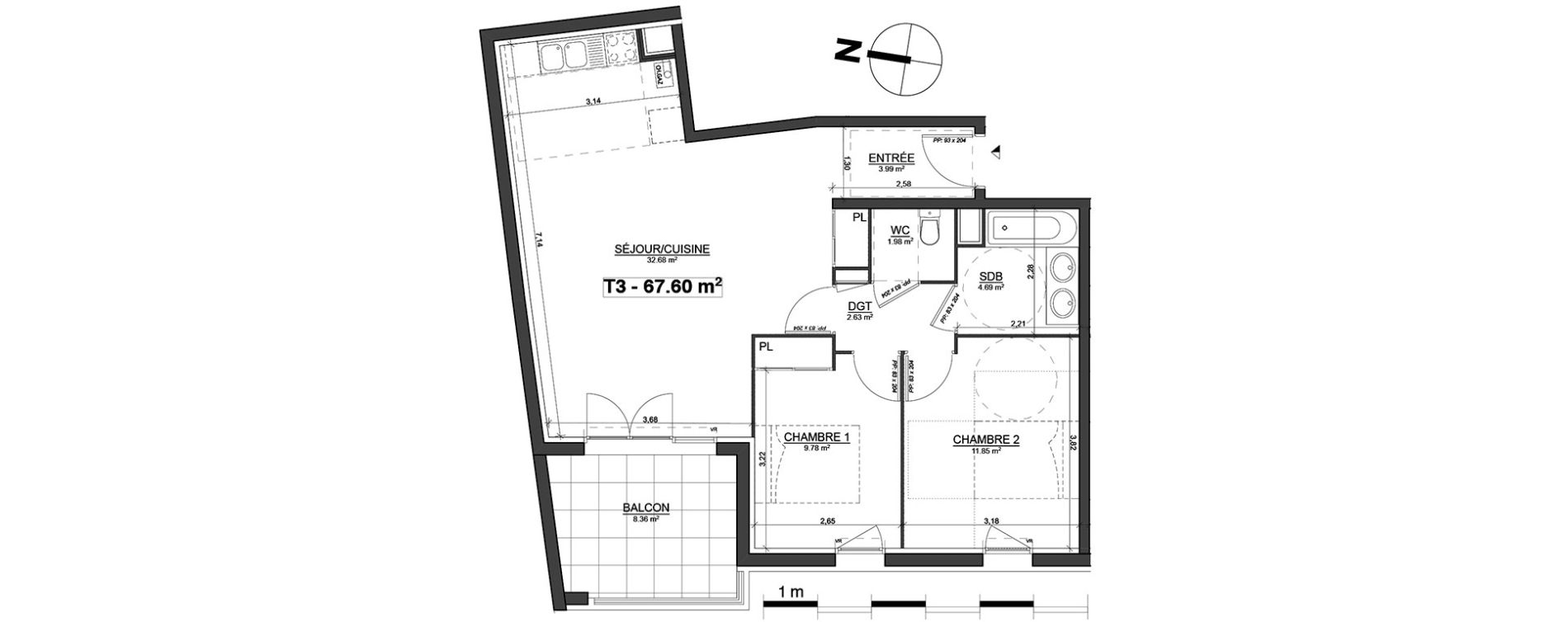 Appartement T3 de 67,60 m2 &agrave; Blagnac Centre