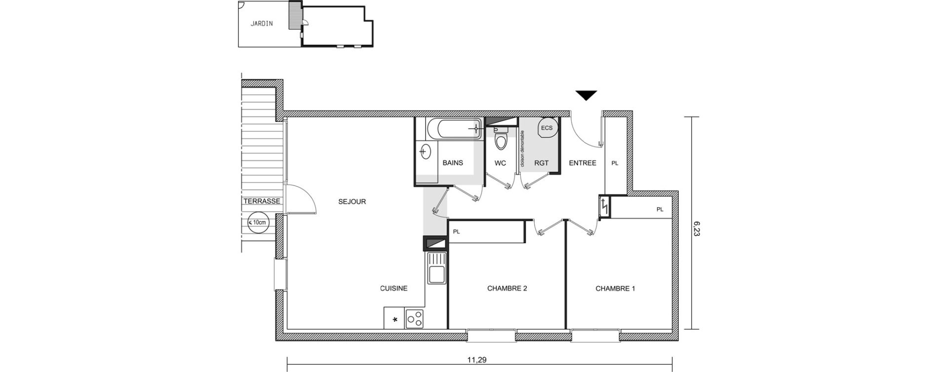 Appartement T3 de 65,16 m2 &agrave; Brugui&egrave;res Centre