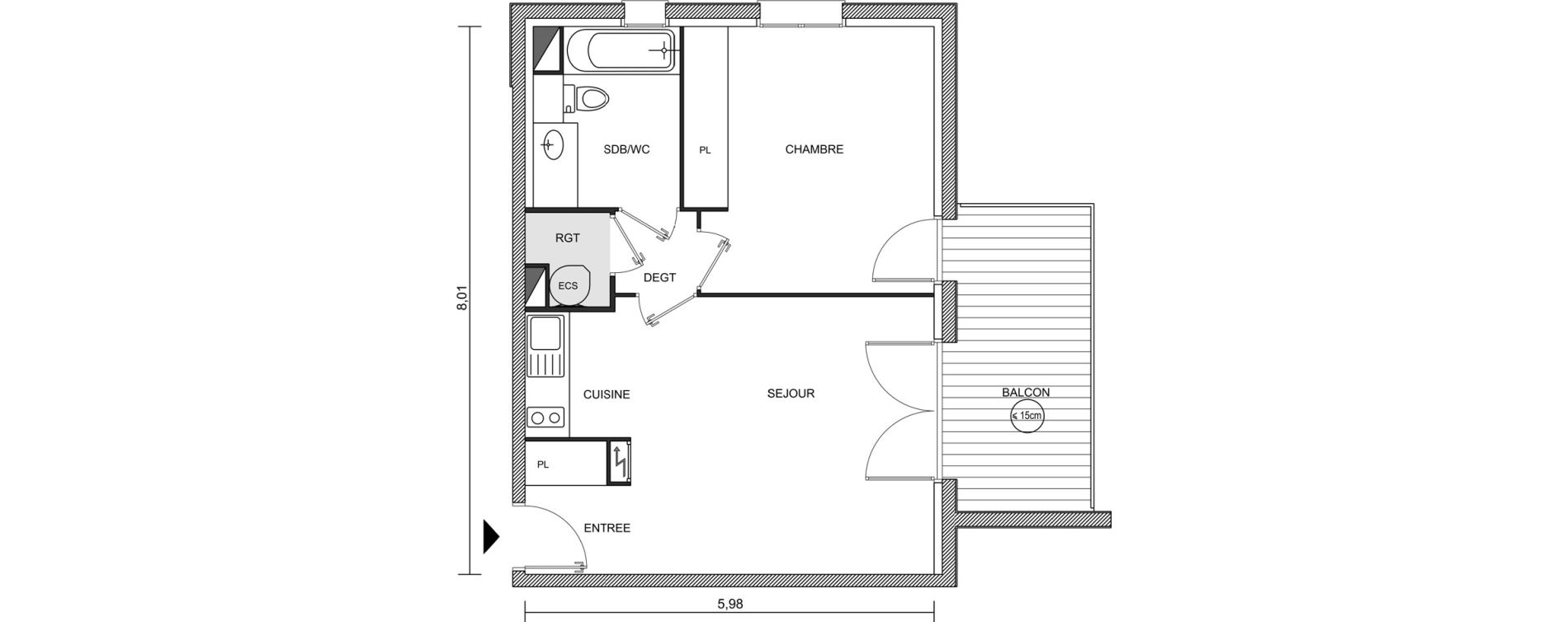 Appartement T2 de 45,95 m2 &agrave; Brugui&egrave;res Centre