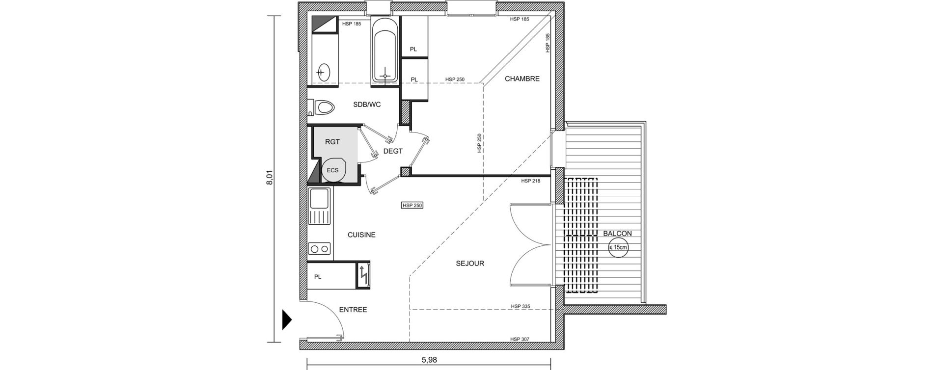 Appartement T2 de 46,02 m2 &agrave; Brugui&egrave;res Centre