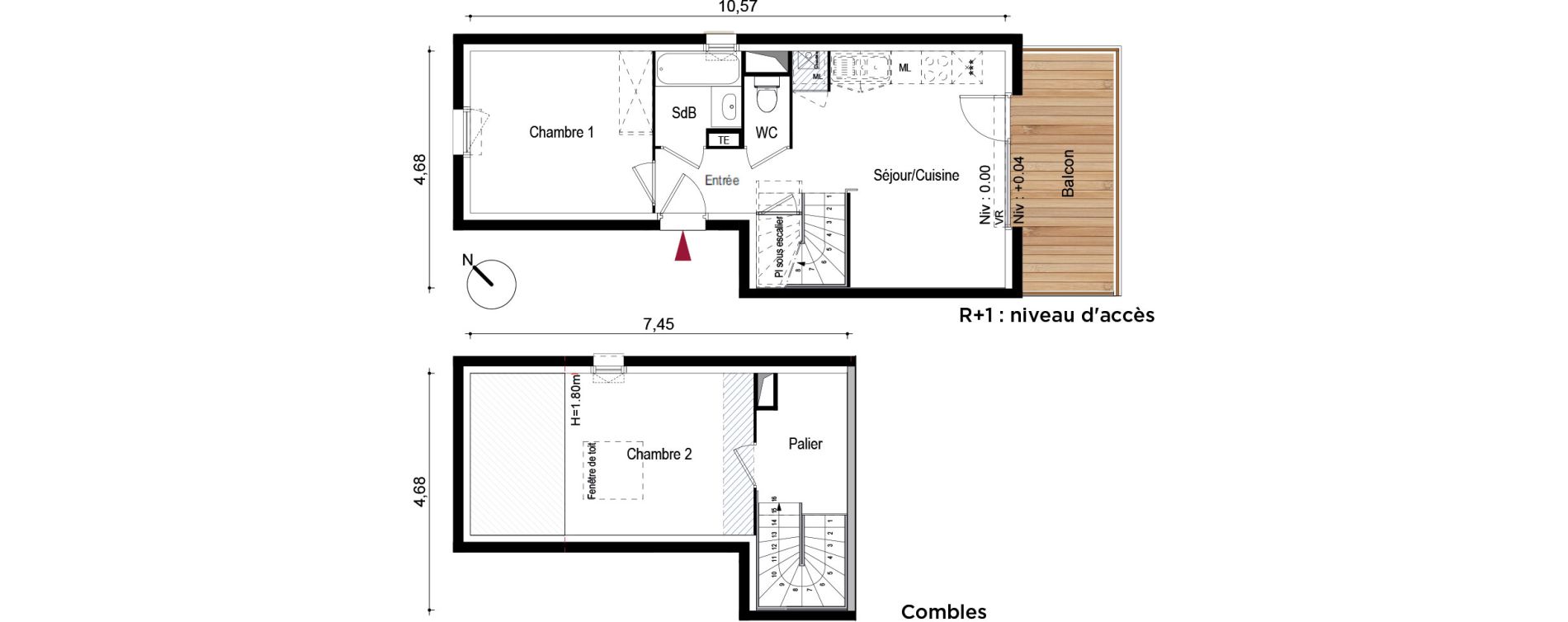 Duplex T3 de 54,00 m2 &agrave; Brugui&egrave;res Centre