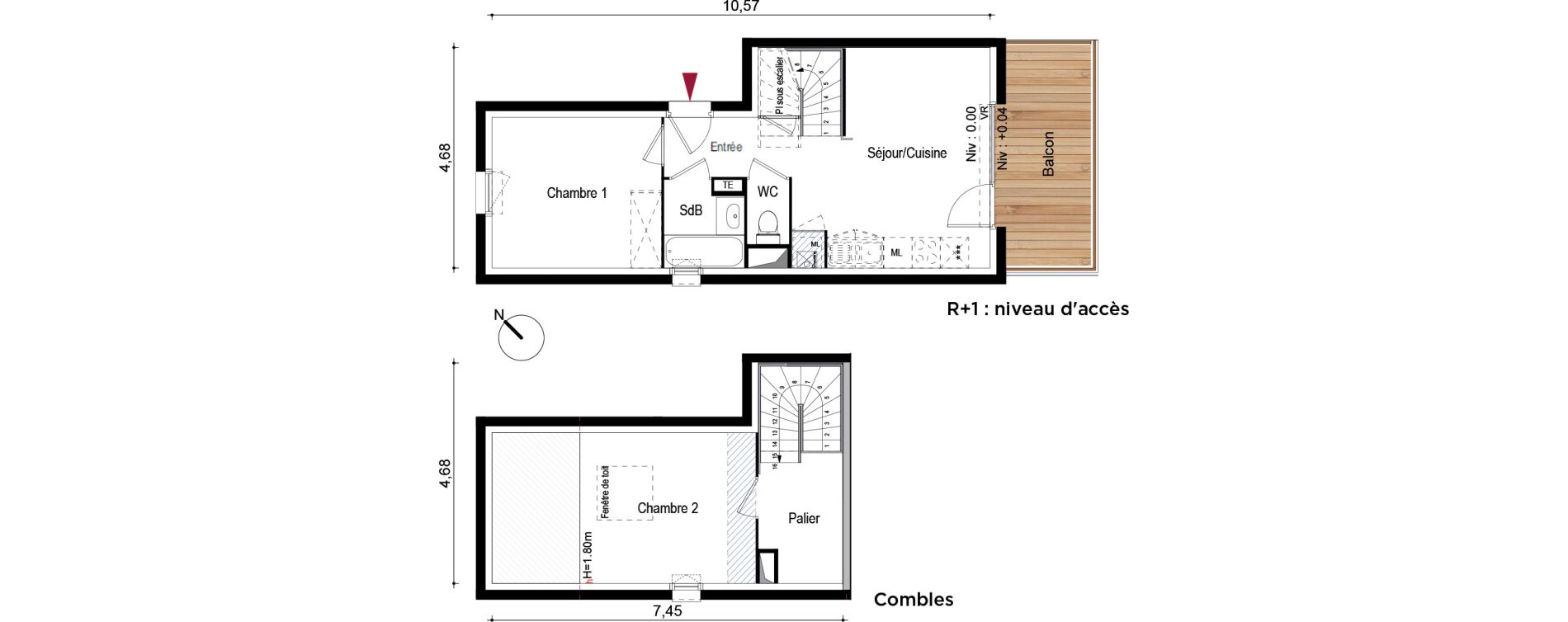 Duplex T3 de 54,00 m2 &agrave; Brugui&egrave;res Centre