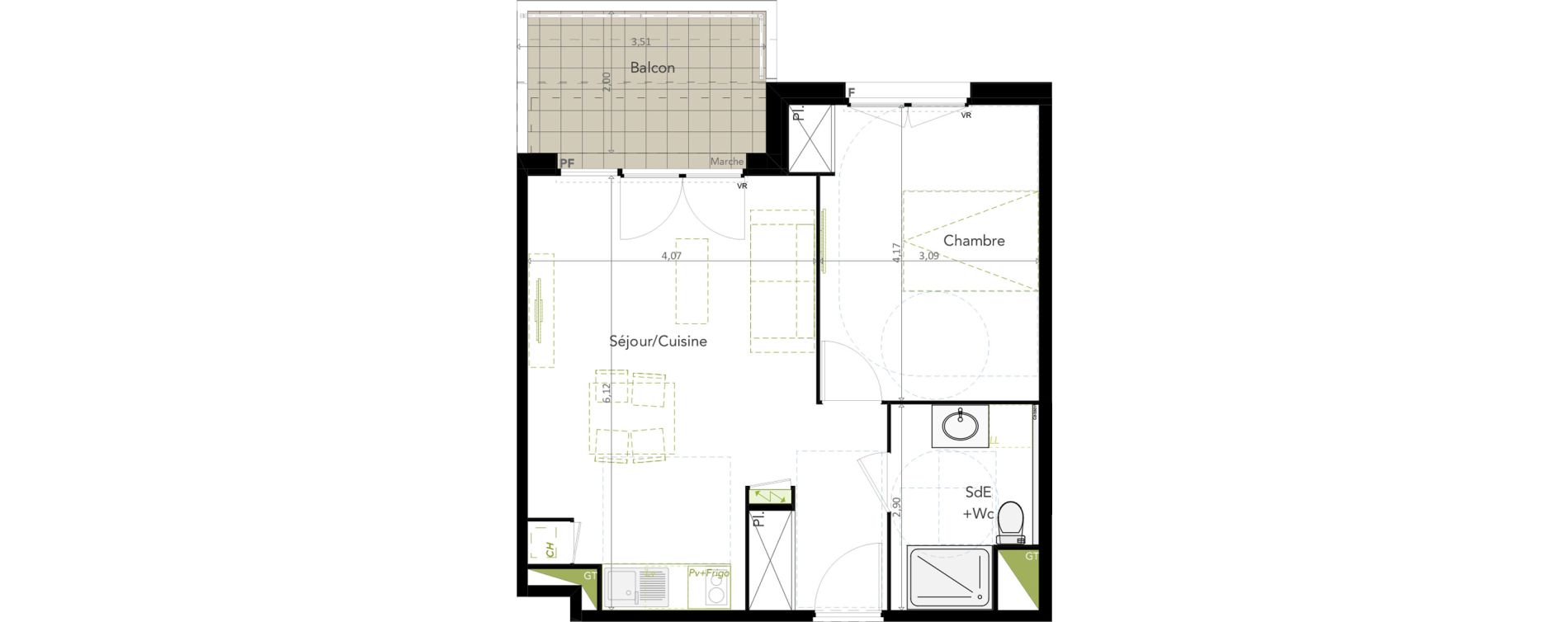 Appartement T2 de 45,53 m2 &agrave; Brugui&egrave;res Centre