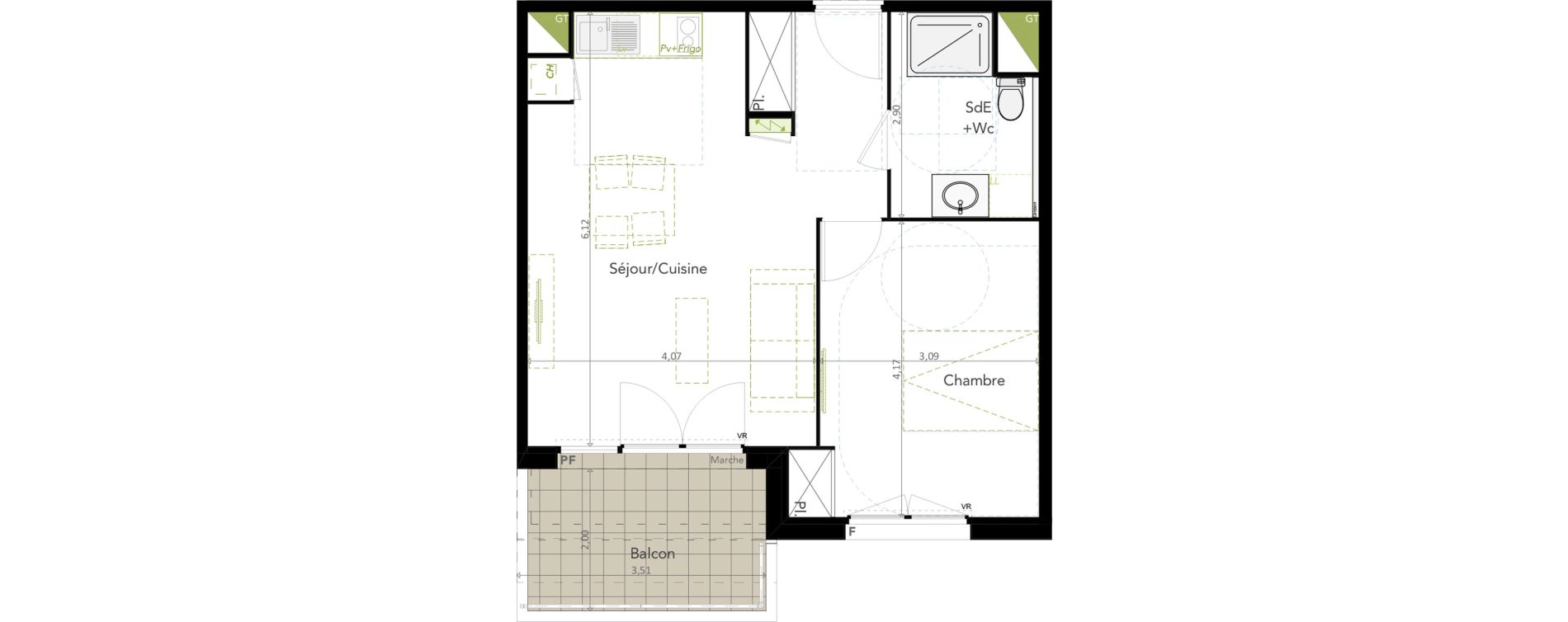 Appartement T2 de 45,79 m2 &agrave; Brugui&egrave;res Centre