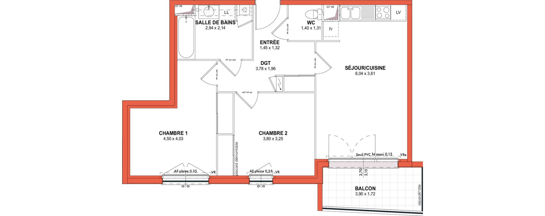 Appartement T3 de 60,90 m2 &agrave; Castanet-Tolosan Rabaudy