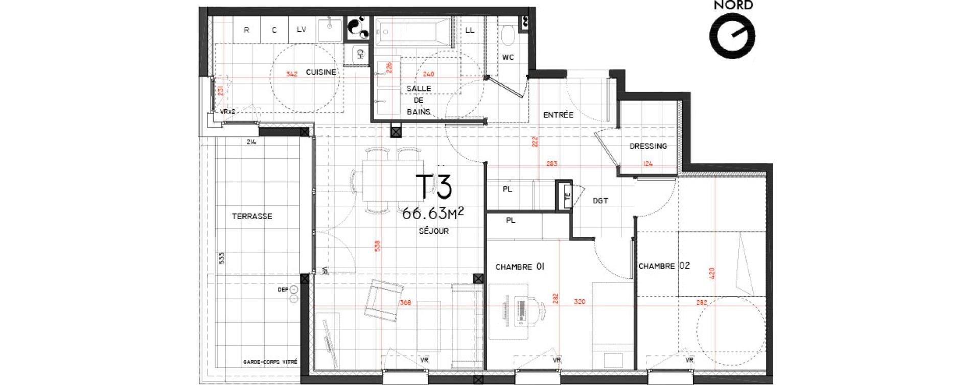 Appartement T3 de 66,63 m2 &agrave; Cornebarrieu Monges croix du sud