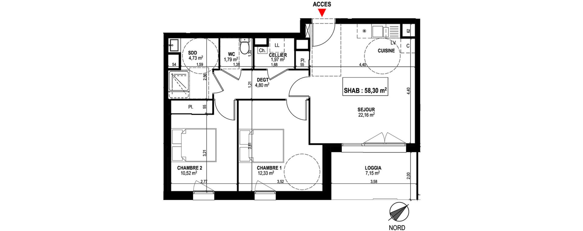 Appartement T3 de 58,30 m2 &agrave; Mondonville Centre