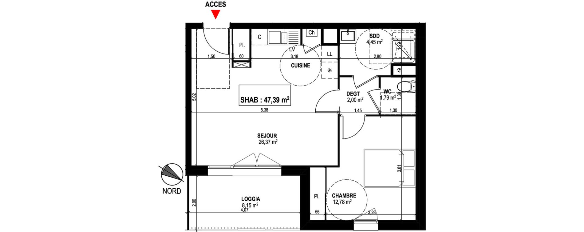 Appartement T2 de 47,39 m2 &agrave; Mondonville Centre