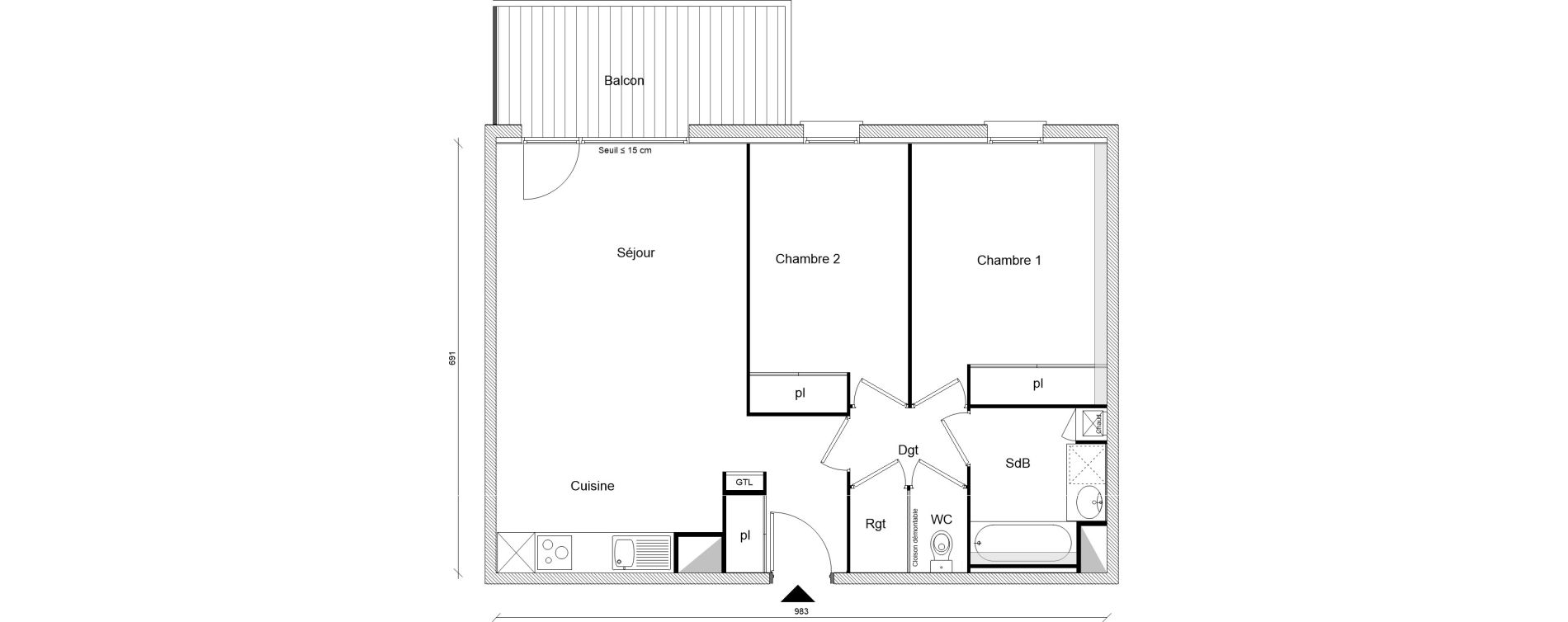 Appartement T3 de 65,25 m2 &agrave; Montrab&eacute; Centre