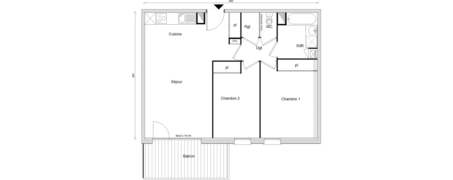 Appartement T3 de 63,75 m2 &agrave; Montrab&eacute; Centre