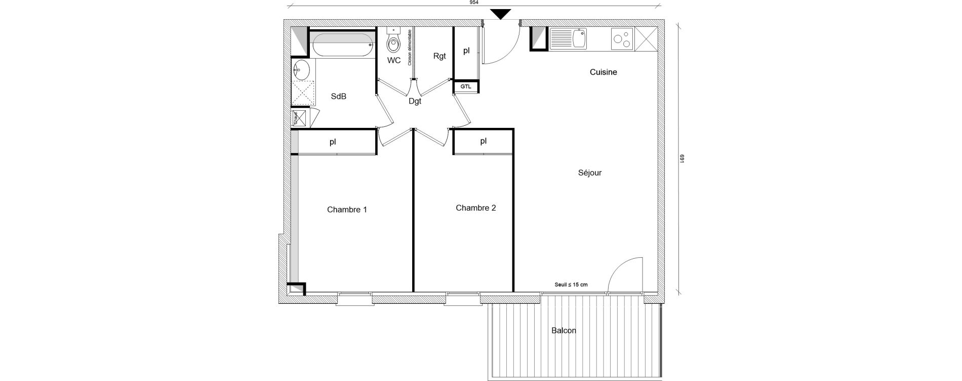 Appartement T3 de 63,69 m2 &agrave; Montrab&eacute; Centre