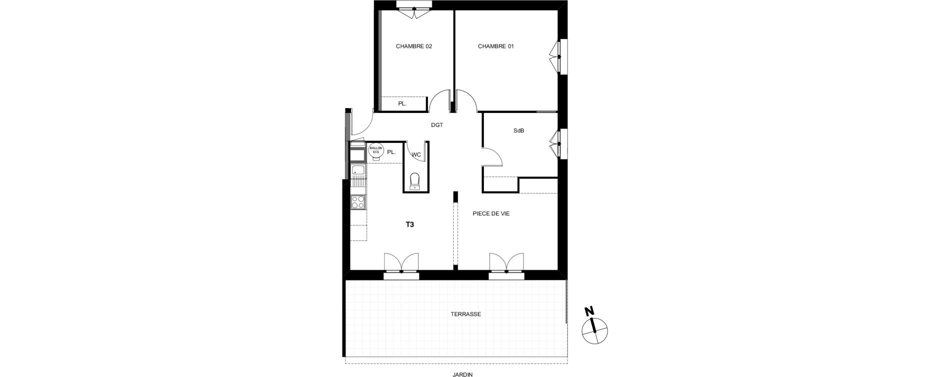 Appartement T3 de 74,50 m2 &agrave; Montrab&eacute; Centre