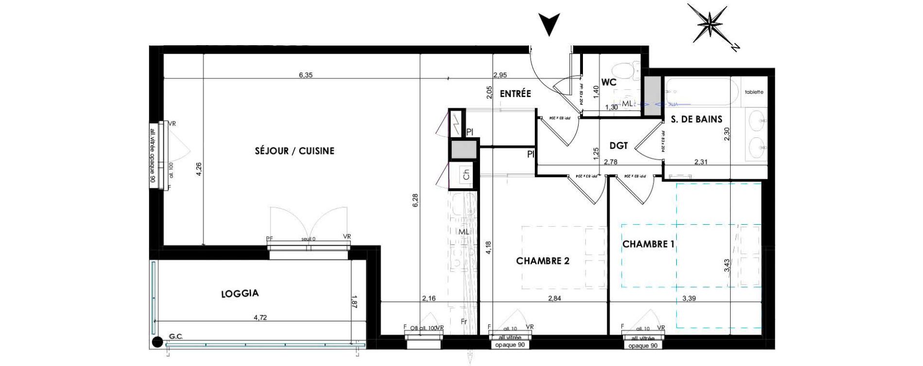 Appartement T3 de 70,82 m2 &agrave; P&eacute;chabou Centre