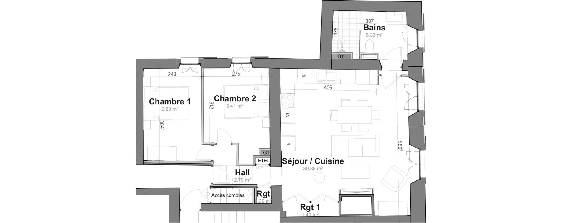 Appartement T3 de 59,60 m2 &agrave; Saint-Clar-De-Rivi&egrave;re Centre