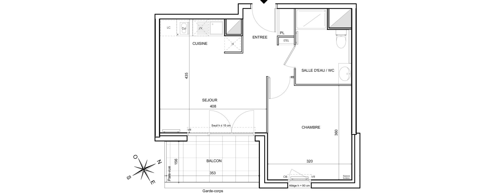 Appartement T2 de 37,38 m2 &agrave; Toulouse Malep&egrave;re