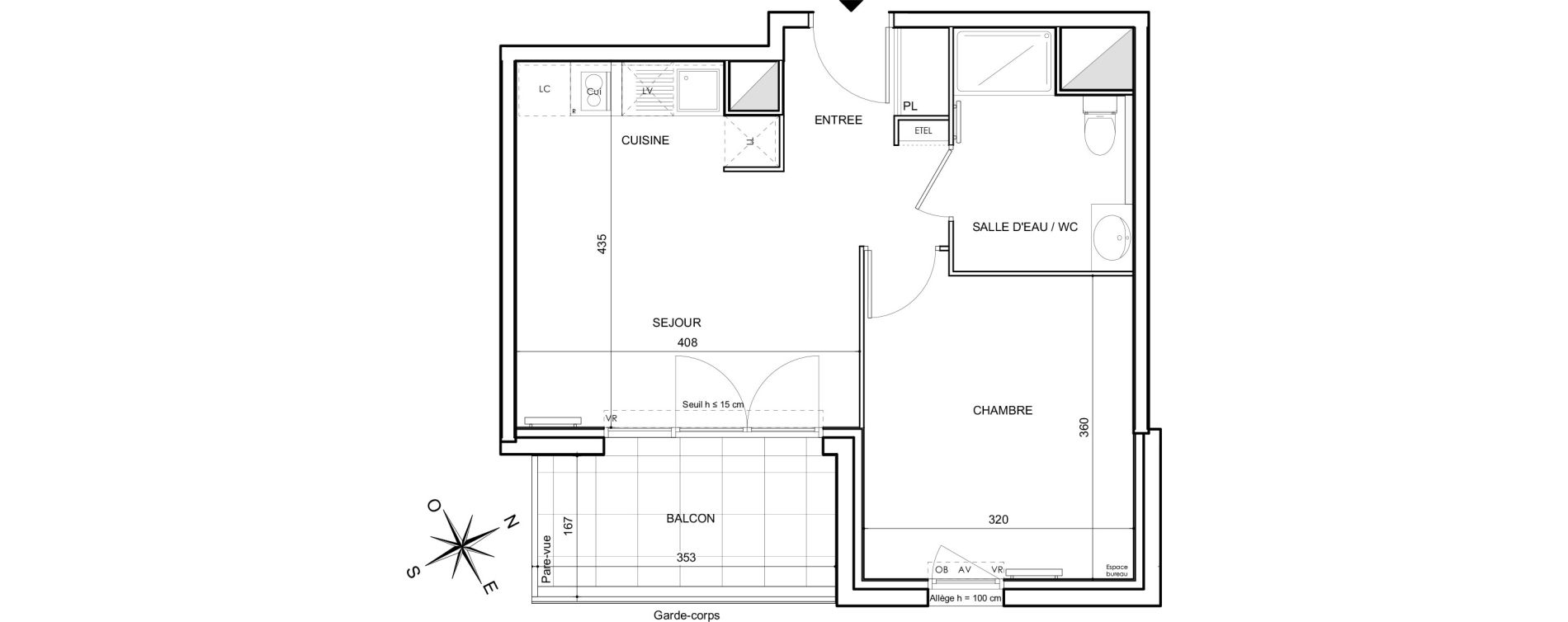 Appartement T2 de 37,38 m2 &agrave; Toulouse Malep&egrave;re
