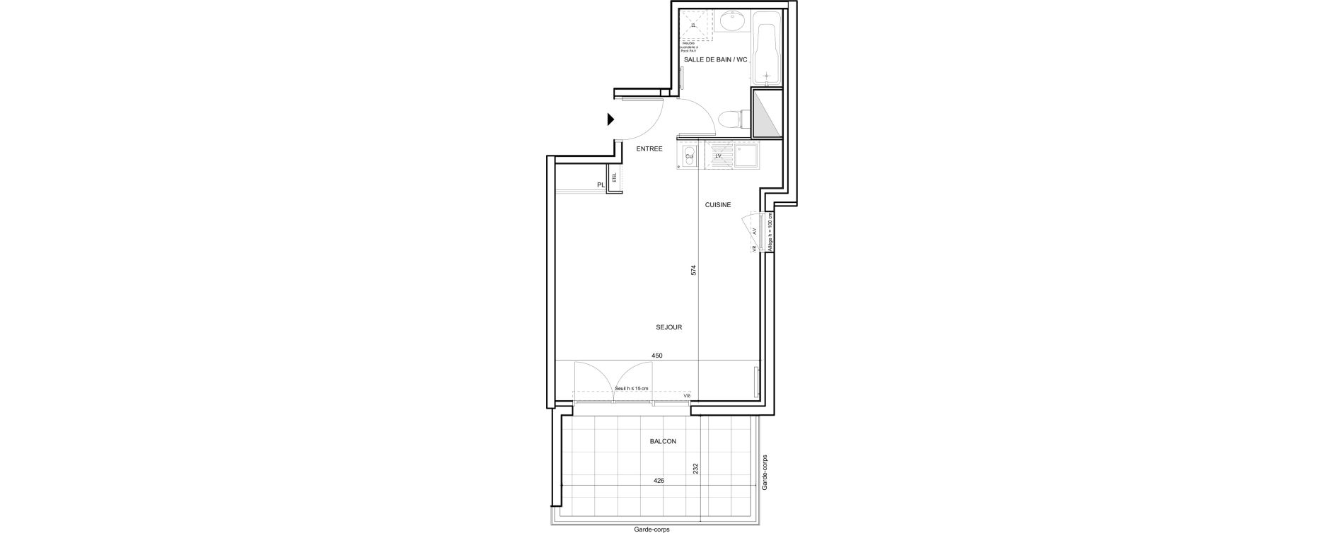 Appartement T1 de 32,09 m2 &agrave; Toulouse Malep&egrave;re