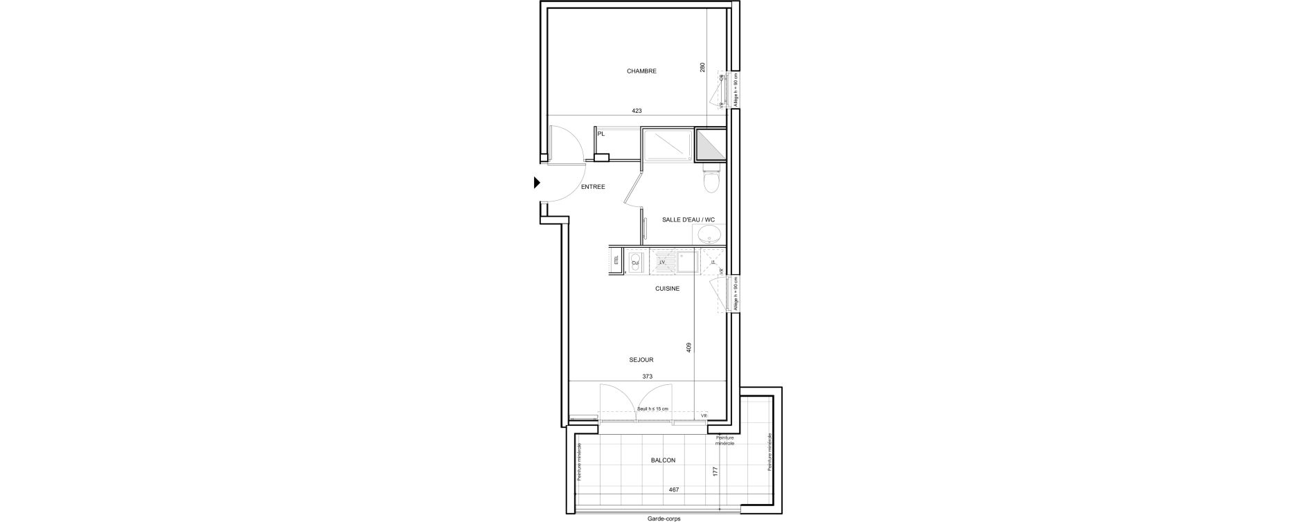 Appartement T2 de 37,46 m2 &agrave; Toulouse Malep&egrave;re