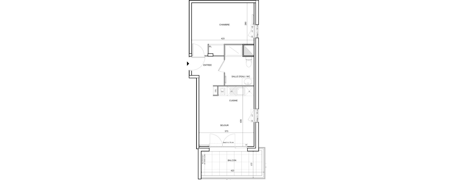 Appartement T2 de 37,46 m2 &agrave; Toulouse Malep&egrave;re