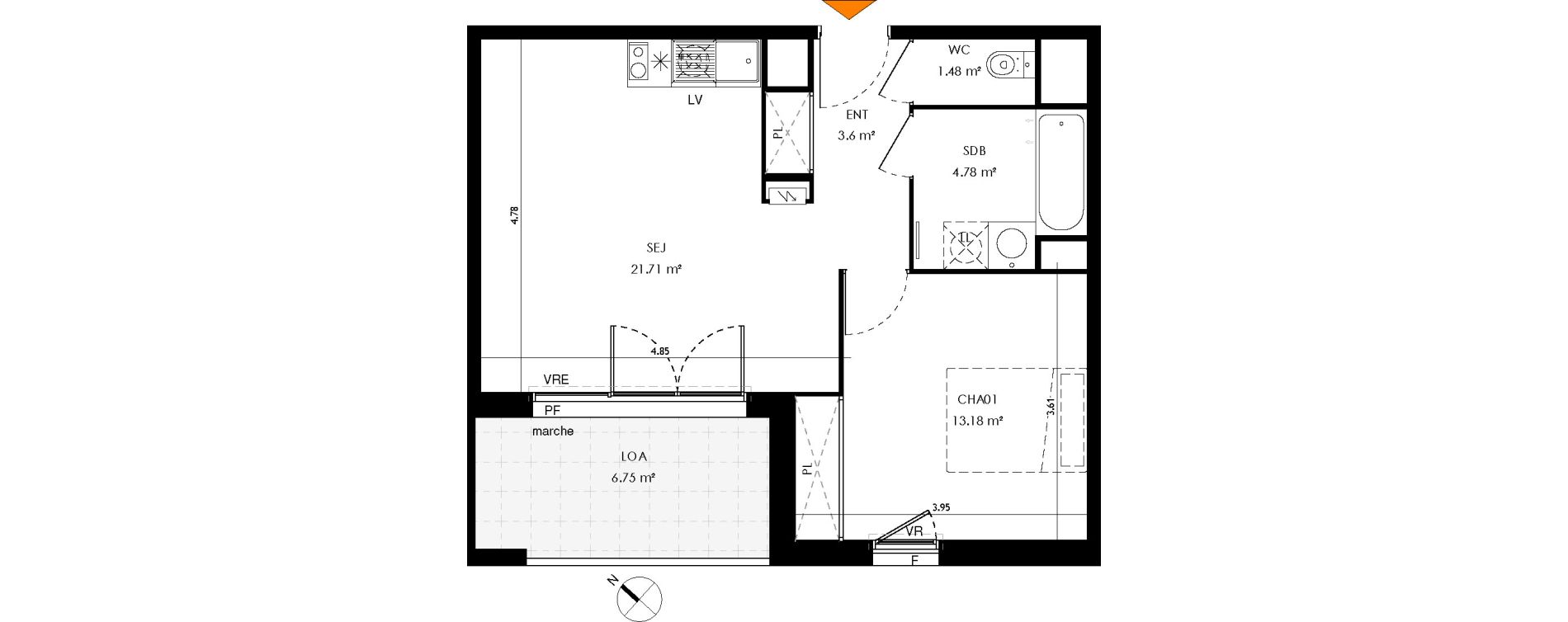 Appartement T2 de 44,75 m2 &agrave; Toulouse Malep&egrave;re