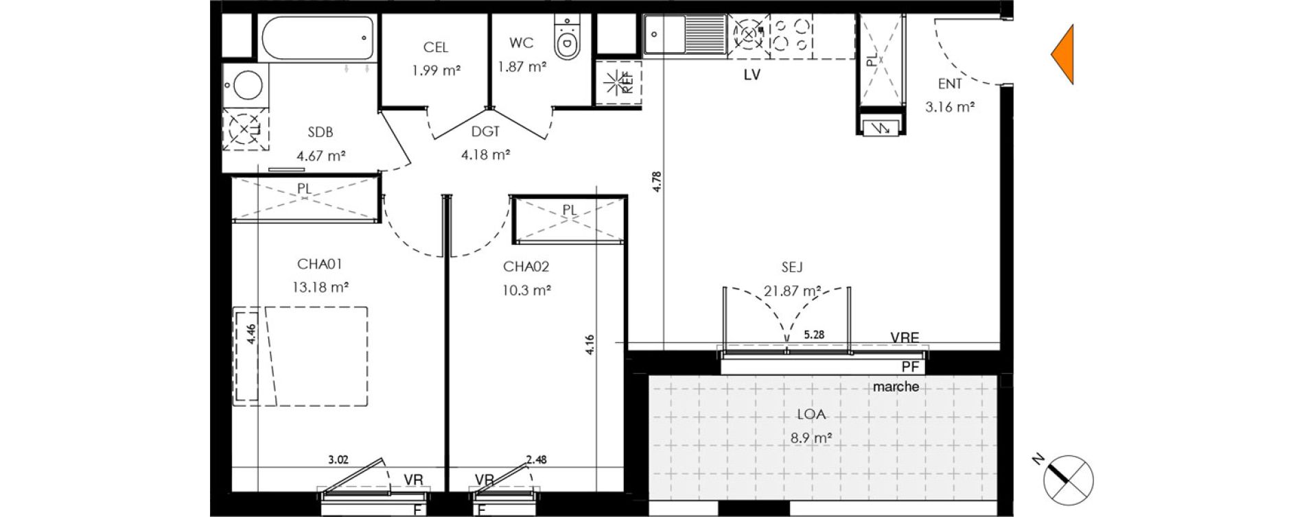 Appartement T3 de 61,23 m2 &agrave; Toulouse Malep&egrave;re