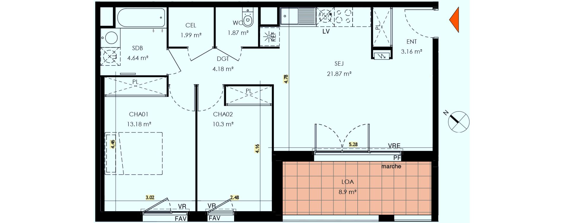Appartement T3 de 61,20 m2 &agrave; Toulouse Malep&egrave;re