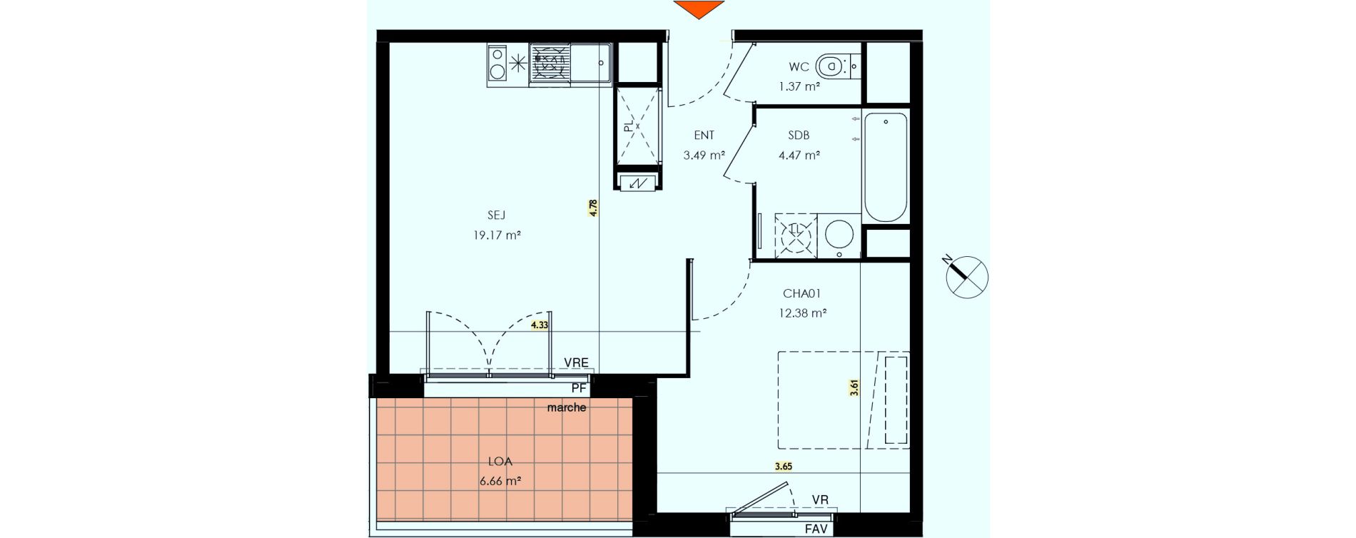 Appartement T2 de 40,88 m2 &agrave; Toulouse Malep&egrave;re