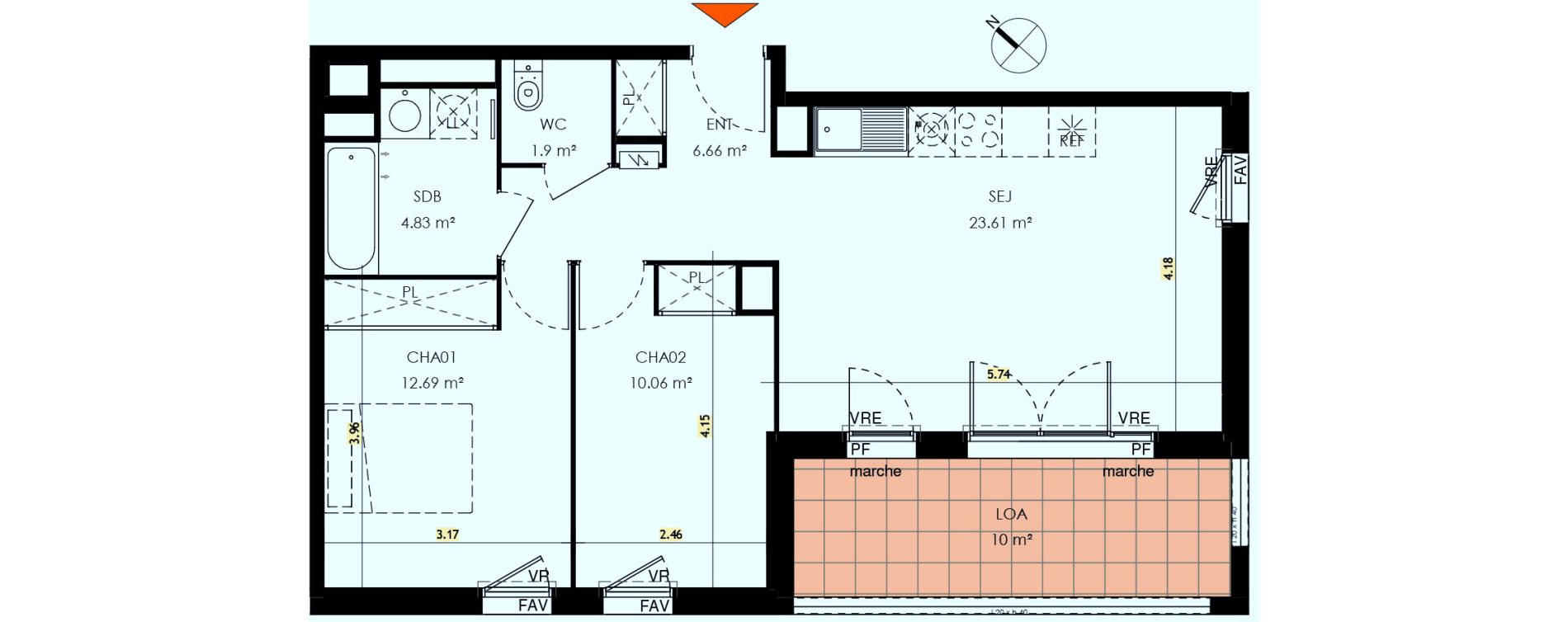Appartement T3 de 59,75 m2 &agrave; Toulouse Malep&egrave;re