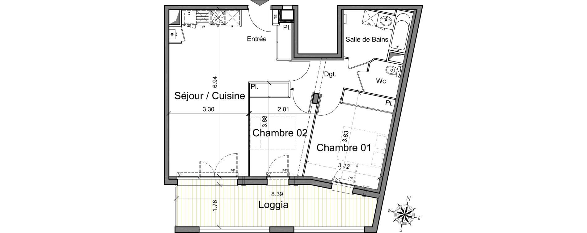Appartement T3 de 59,56 m2 &agrave; Toulouse Cartoucherie