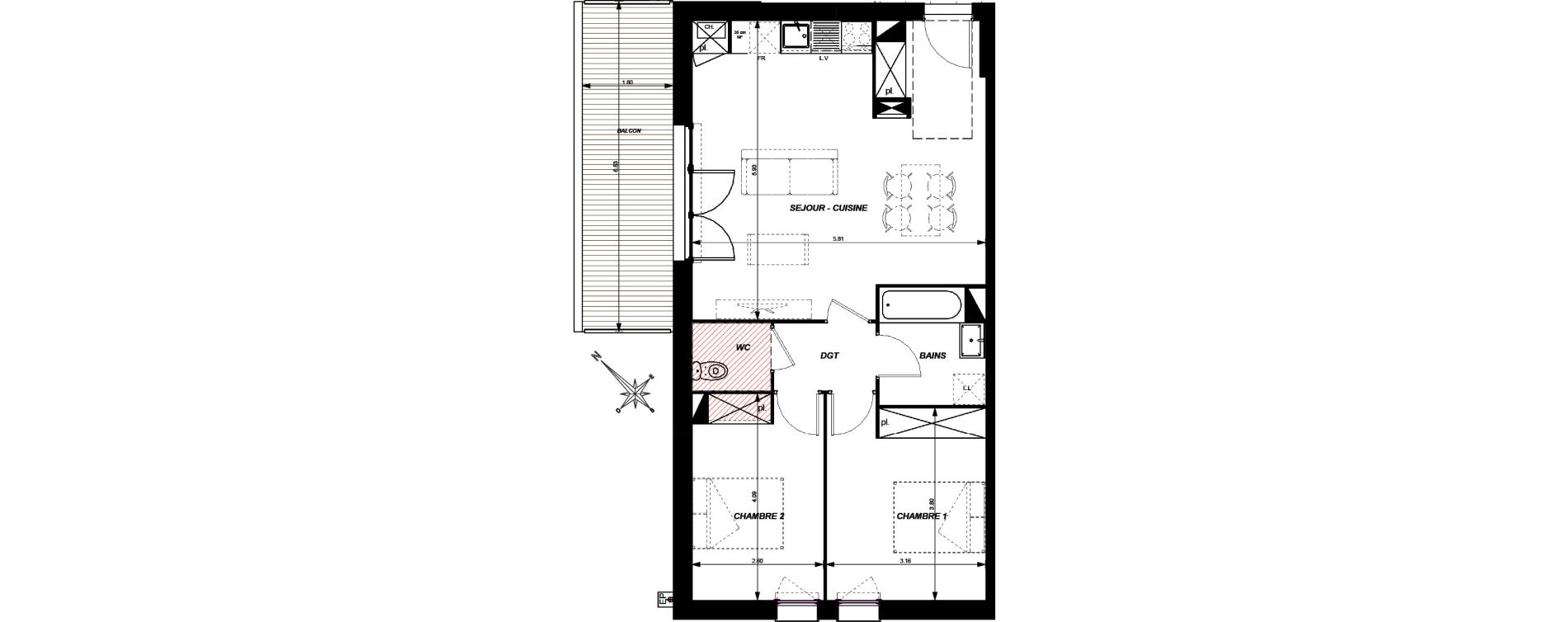 Appartement T3 de 64,27 m2 &agrave; Toulouse Croix daurade