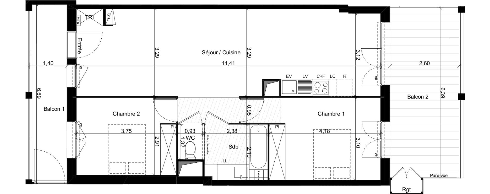 Appartement T3 de 70,00 m2 &agrave; Toulouse Marcaissonne