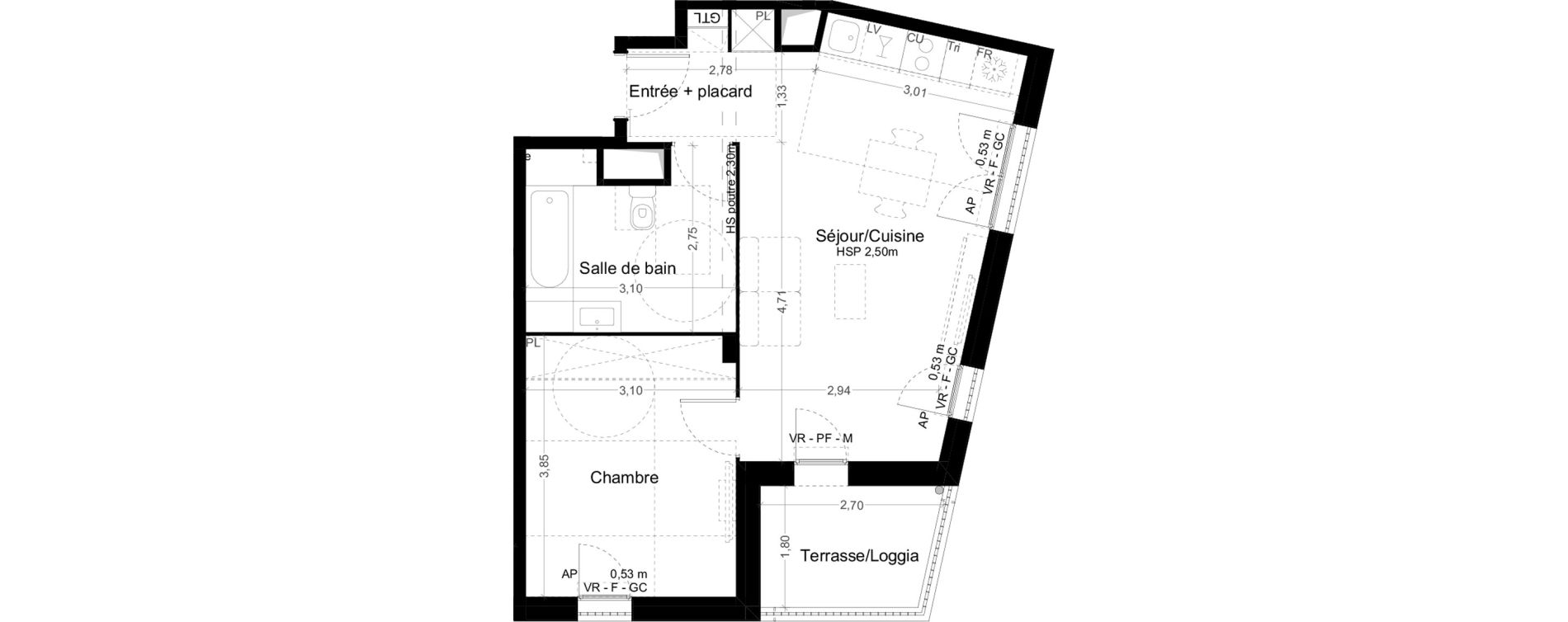 Appartement T2 de 45,10 m2 &agrave; Toulouse Malep&egrave;re