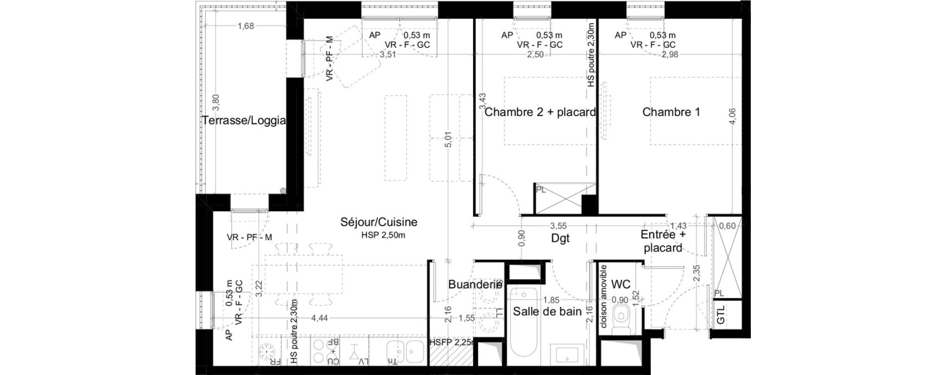 Appartement T3 de 67,00 m2 &agrave; Toulouse Malep&egrave;re