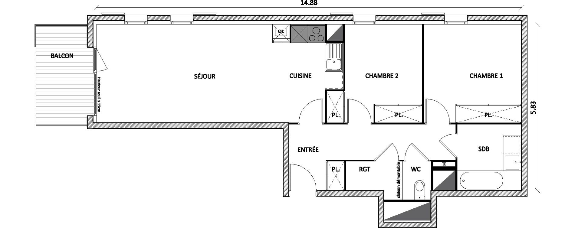 Appartement T3 de 68,65 m2 &agrave; Toulouse Barriere de paris