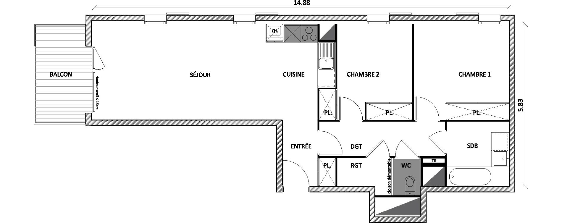 Appartement T3 de 68,60 m2 &agrave; Toulouse Barriere de paris