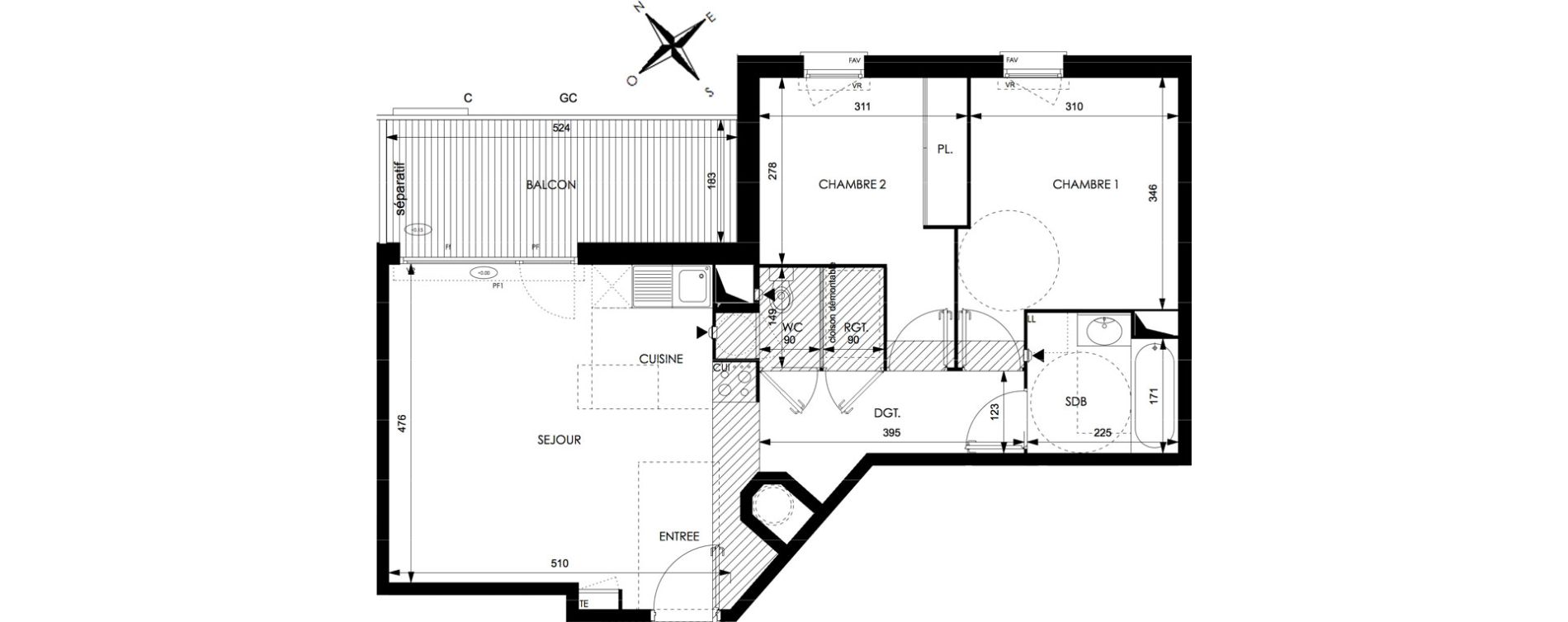 Appartement T3 de 60,81 m2 &agrave; Toulouse Courr&egrave;ge