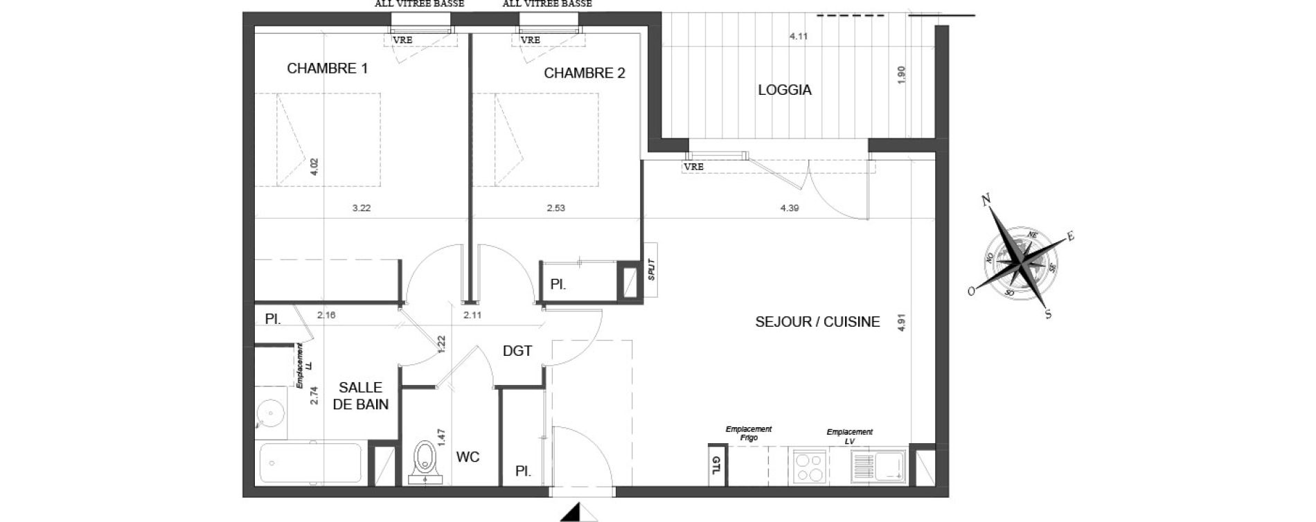 Appartement T3 de 59,20 m2 &agrave; Toulouse Malep&egrave;re