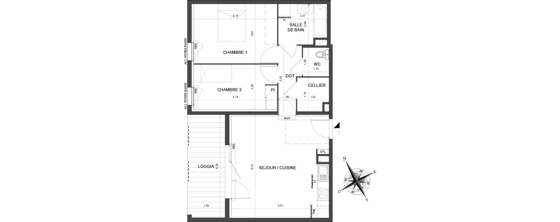 Appartement T3 de 59,64 m2 &agrave; Toulouse Malep&egrave;re