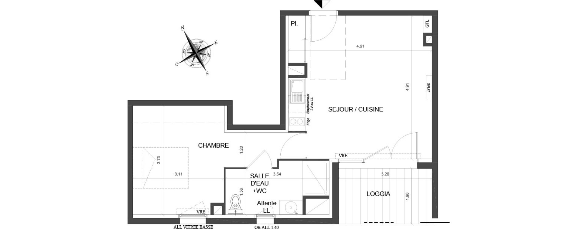 Appartement T2 de 42,80 m2 &agrave; Toulouse Malep&egrave;re