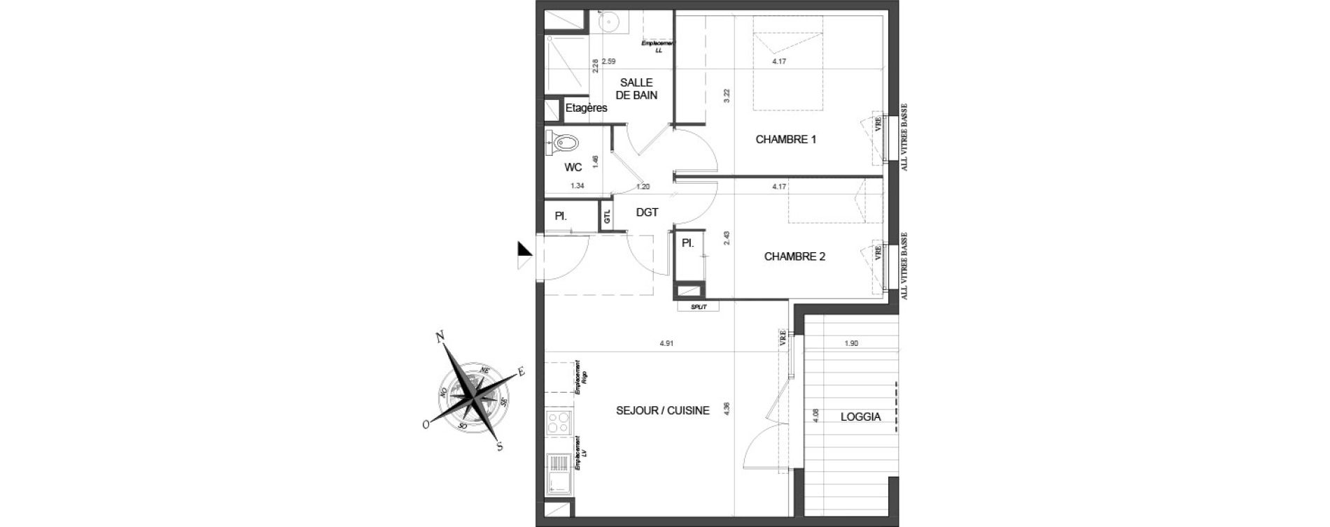 Appartement T3 de 58,36 m2 &agrave; Toulouse Malep&egrave;re