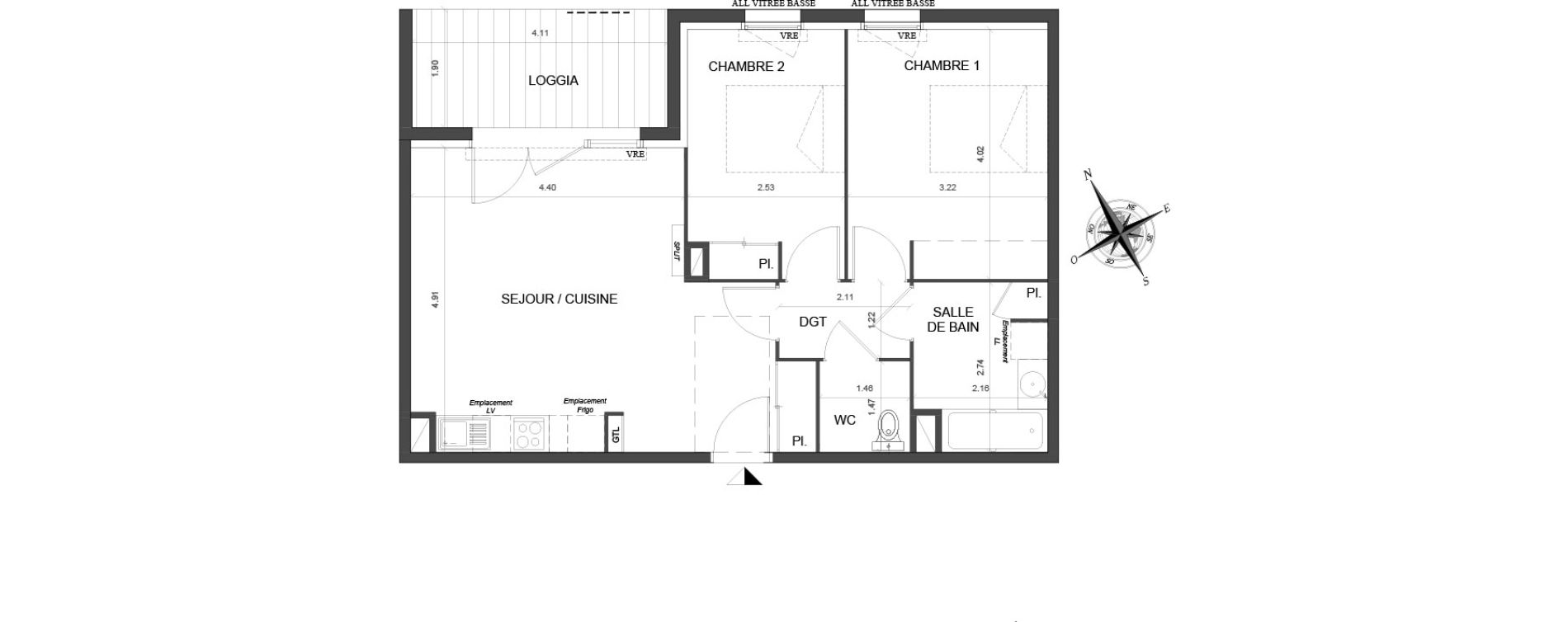 Appartement T3 de 59,25 m2 &agrave; Toulouse Malep&egrave;re