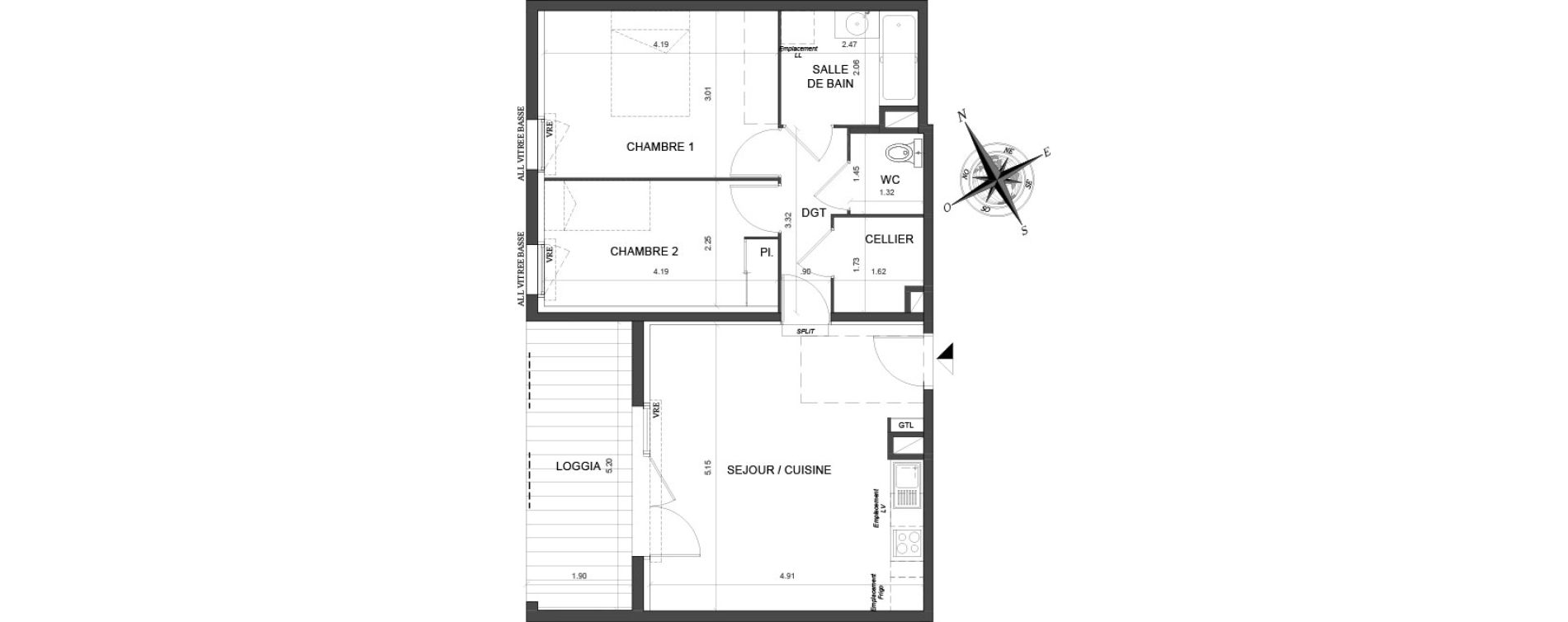 Appartement T3 de 59,64 m2 &agrave; Toulouse Malep&egrave;re